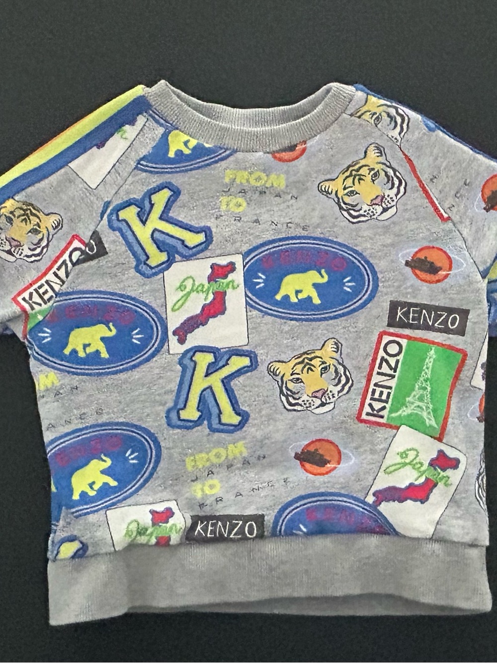 Kenzo Kids Gray Pullover with Multi-Color Tiger & Patch Motifs